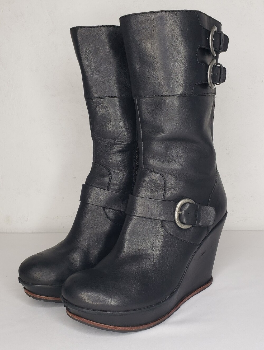 Kork-Ease Black Leather Wedge Boots with Buckle Accents